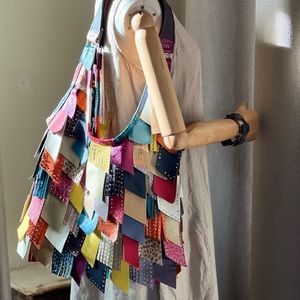 Handmade multicolor hippies fringe tassel leather boho bag
